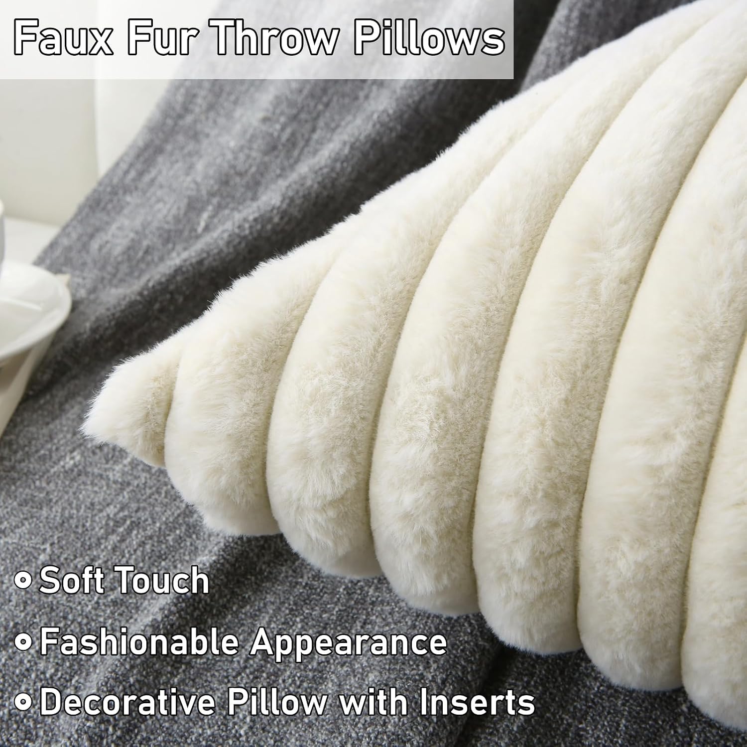 2‑Pack Decorative Beige Faux Fur Striped Throw Pillows
