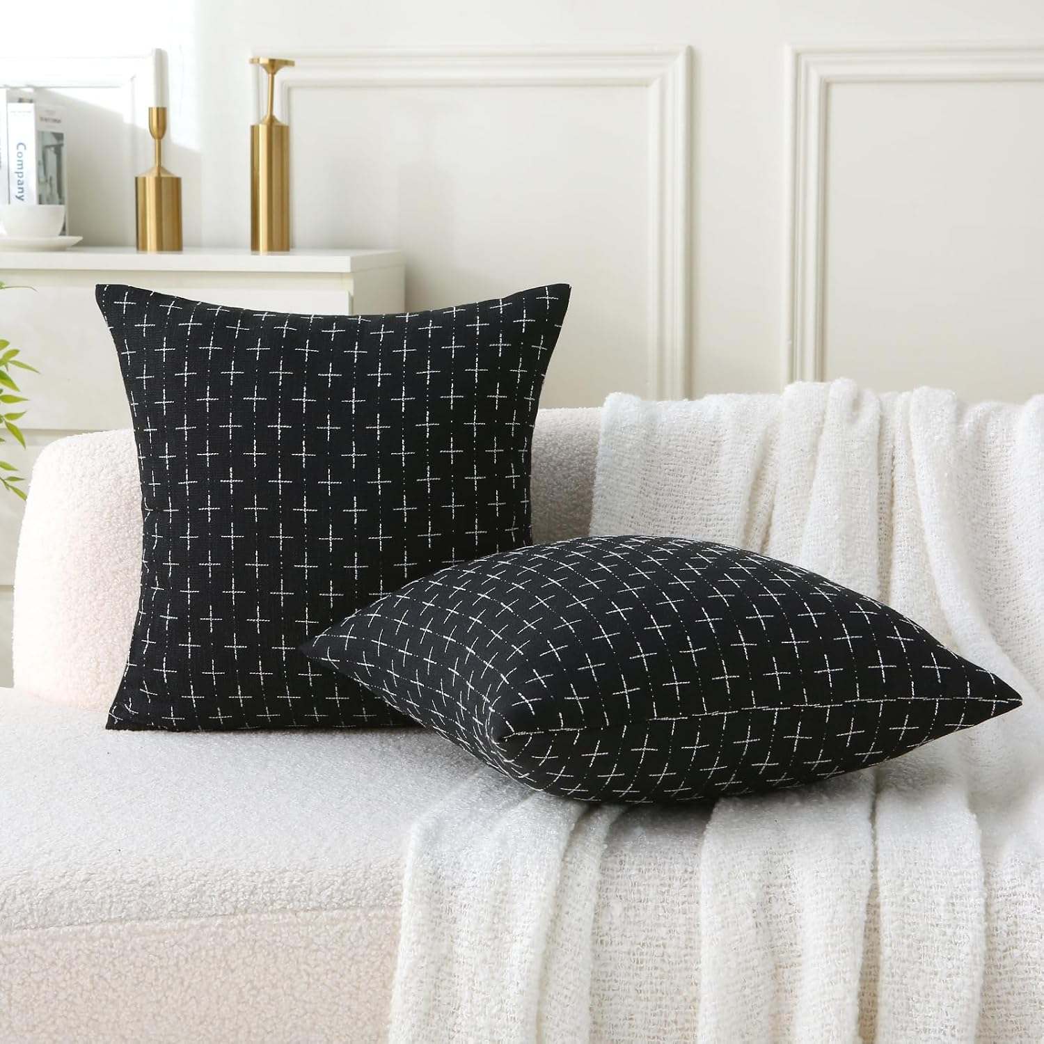 2‑Pack Black Cross‑Pattern Linen Decorative Throw Pillows