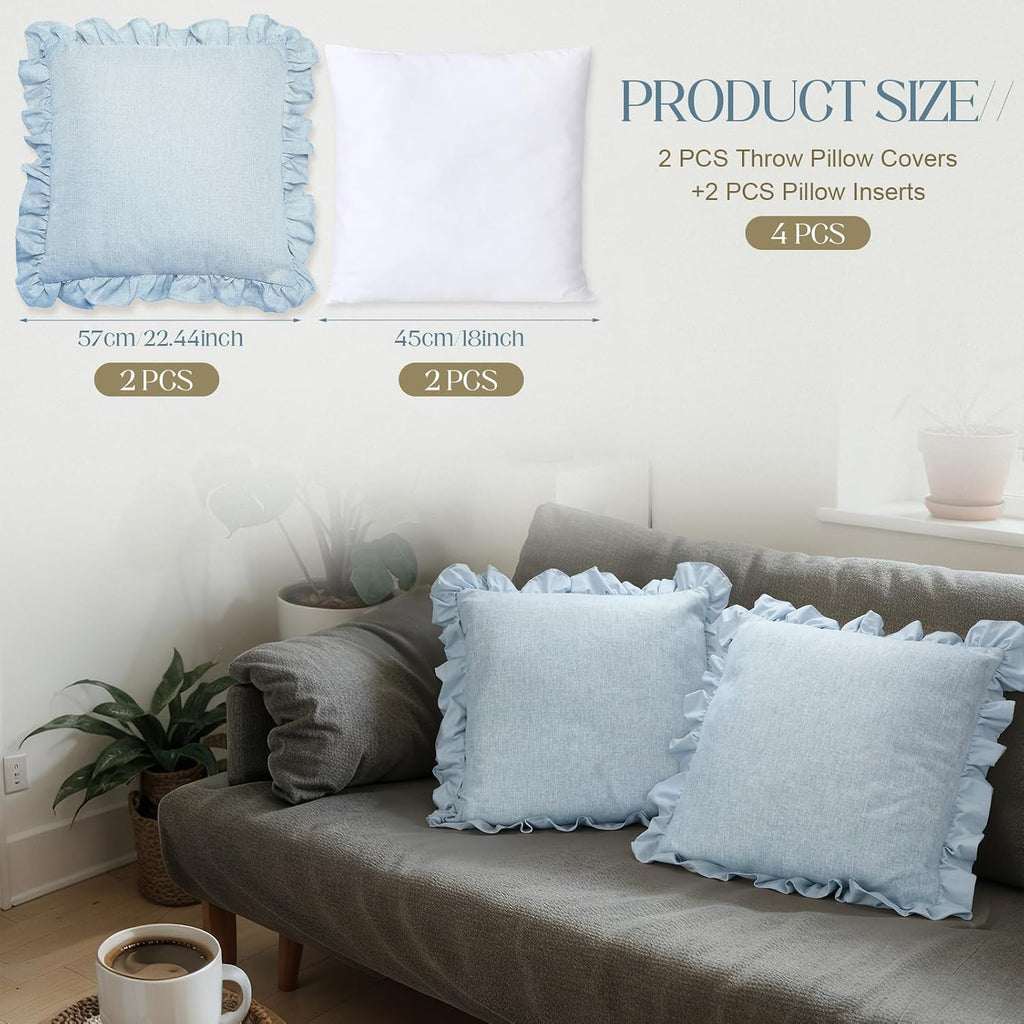 2‑Pack Light Blue Linen Decorative Ruffle Throw Pillows