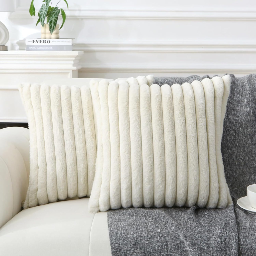 2‑Pack Decorative Beige Faux Fur Striped Throw Pillows