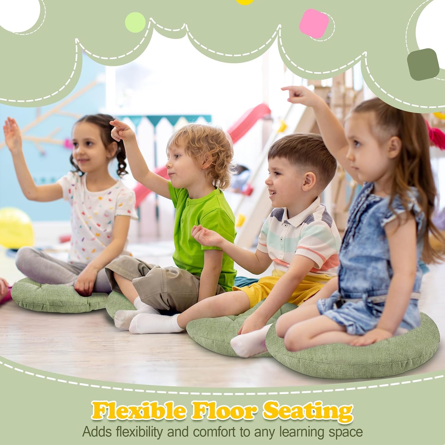 8‑Pcs Green Kids Round Floor Cushions