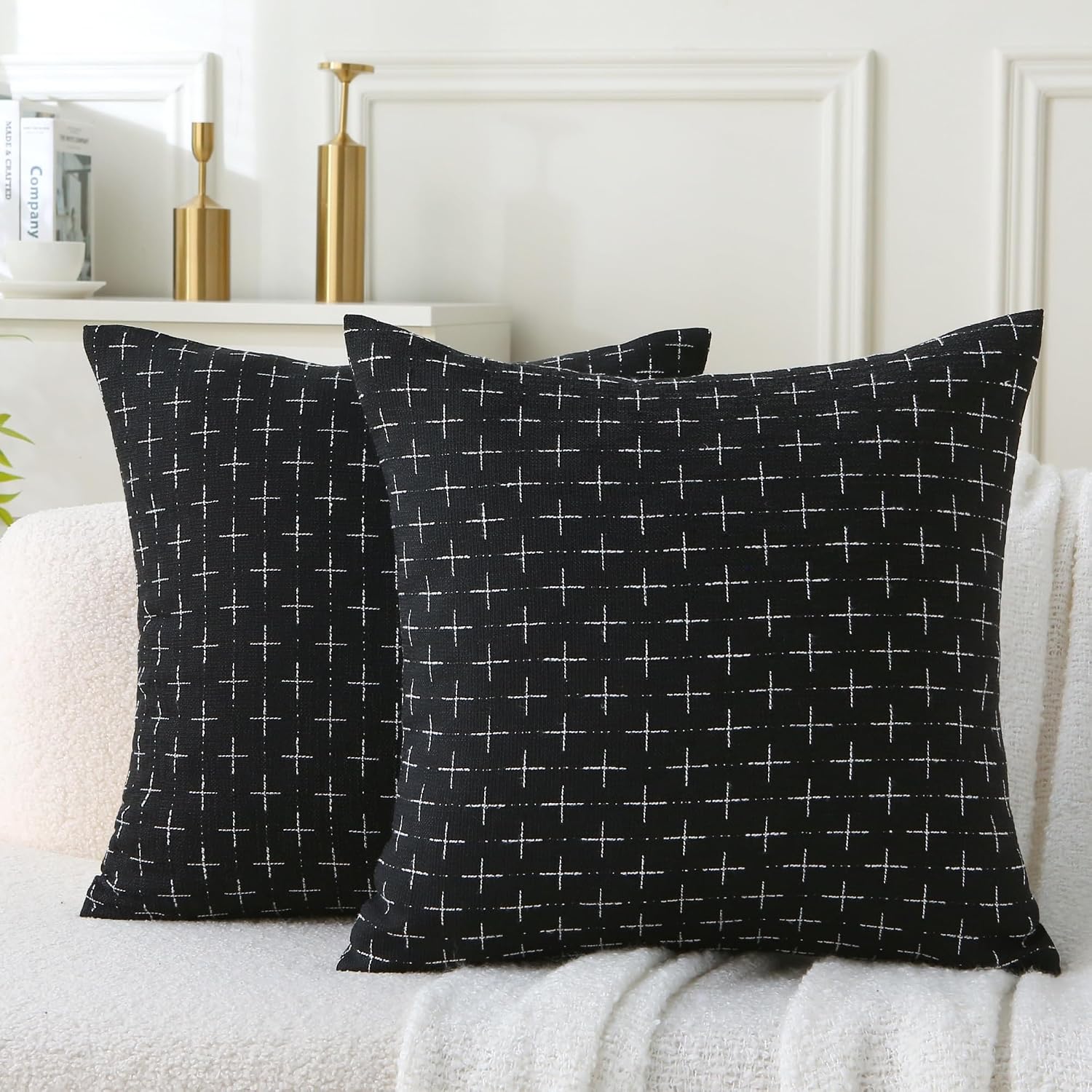 2‑Pack Black Cross‑Pattern Linen Decorative Throw Pillows