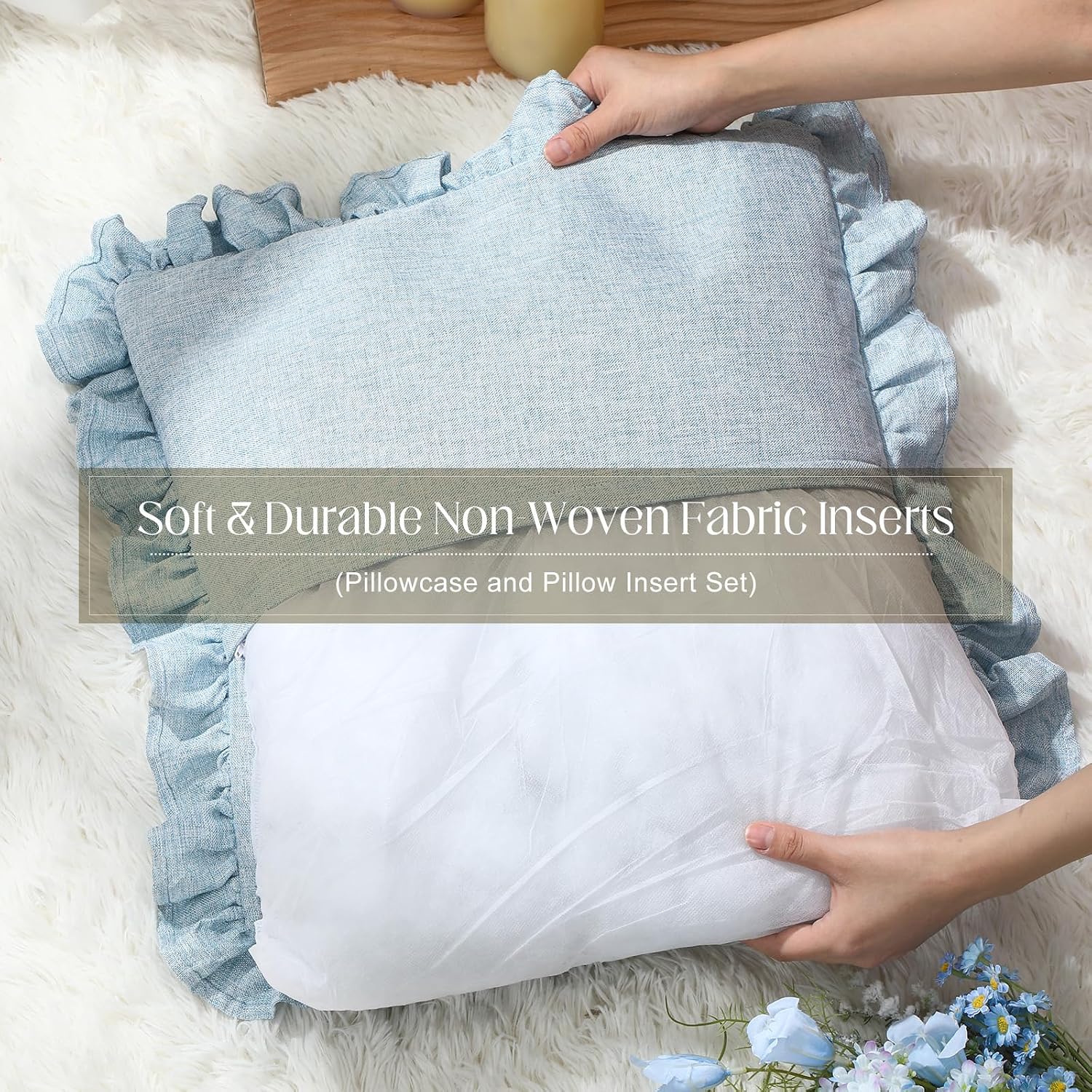 2‑Pack Light Blue Linen Decorative Ruffle Throw Pillows