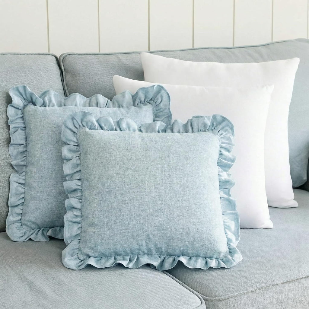2‑Pack Light Blue Linen Decorative Ruffle Throw Pillows