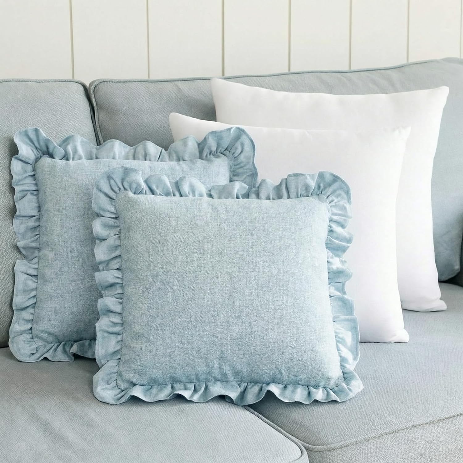 2‑Pack Light Blue Linen Decorative Ruffle Throw Pillows