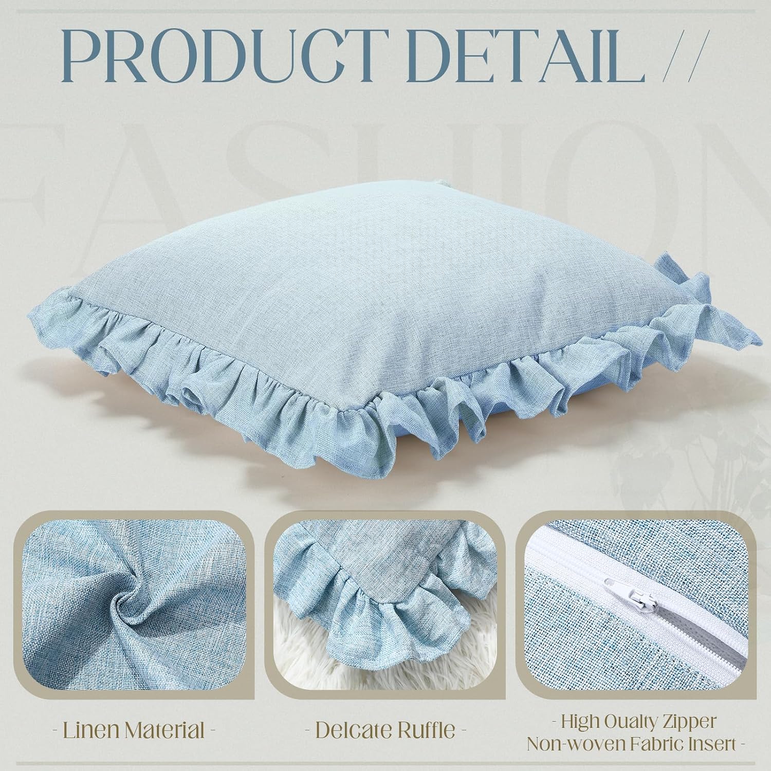 2‑Pack Light Blue Linen Decorative Ruffle Throw Pillows