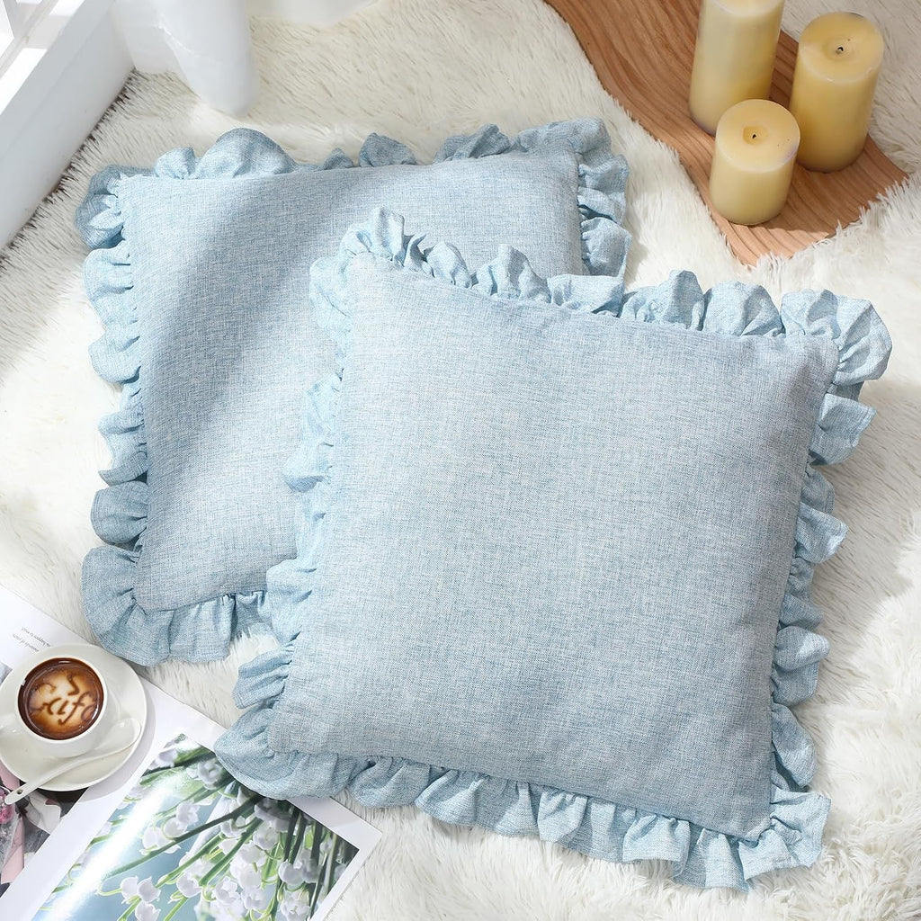 2‑Pack Light Blue Linen Decorative Ruffle Throw Pillows